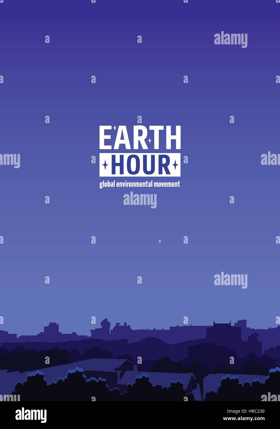 Earth Hour Bewegung Abbildung. Vertikale Hintergrund mit Blick auf die dunkle Stadt. Vektor Vorlage für Banner, Karten oder Poster. Ziel des Unternehmens ist es, pr Stock Vektor
