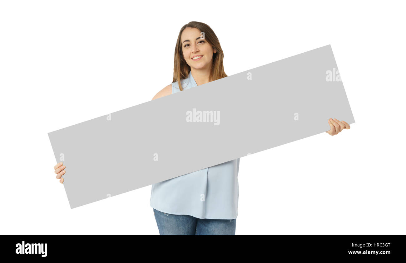 Vorderansicht des kaukasischen Frau mit leeren Blanck Board, Ihren Text hier, weißer Hintergrund, casual-style Stockfoto