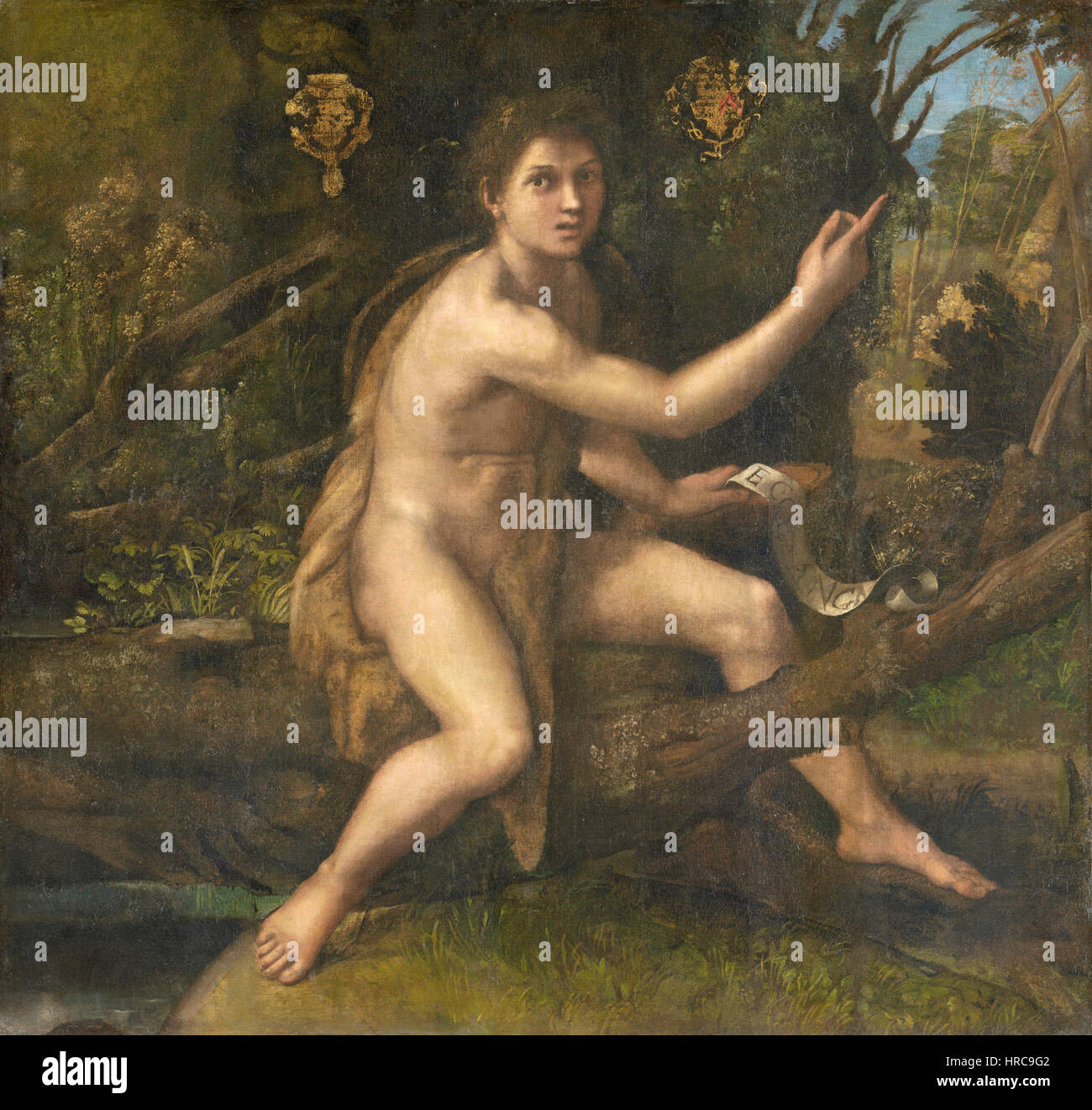 „Sainte Jean-Baptiste“ von Raffaello Sanzio (Raphael) zeigt den Heiligen Johannes den Täufer in einer ruhigen, klassischen Pose. Dieses retuschierte Kunstwerk zeigt Raffaels Beherrschung der Komposition und die delikate Darstellung religiöser Themen und spiegelt den Fokus der Renaissance auf humanistische ideale und künstlerische Präzision wider. Stockfoto