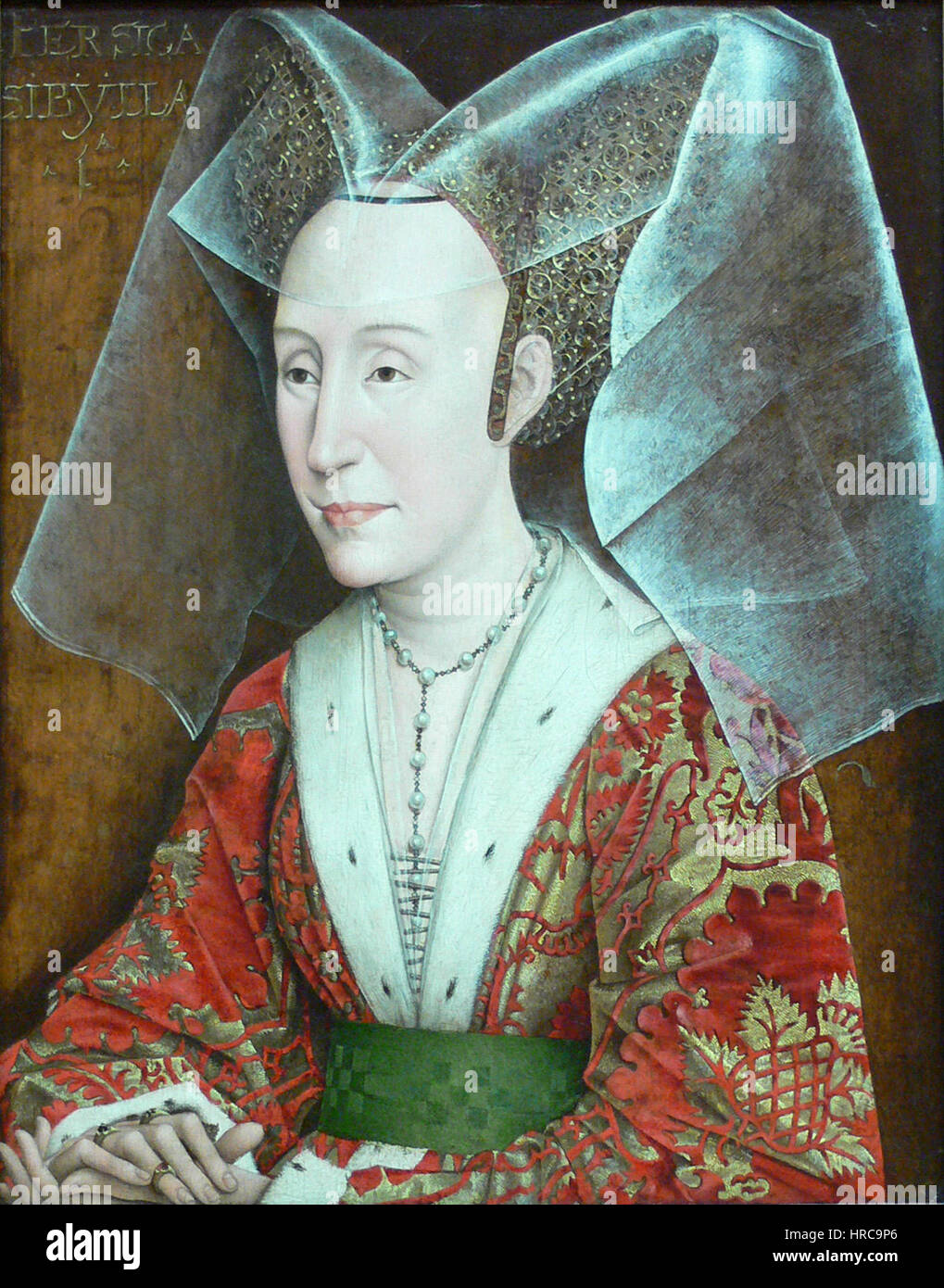 Das „Porträt der Isabella von Portugal“ der Werkstatt von Rogier van der Weyden zeigt eine detaillierte und raffinierte Darstellung der Königin. Das Porträt betont die königliche Kleidung und den würdevollen Ausdruck Isabellas und hebt die charakteristische Liebe des flämischen Künstlers zum Detail und zur emotionalen Tiefe hervor. Stockfoto