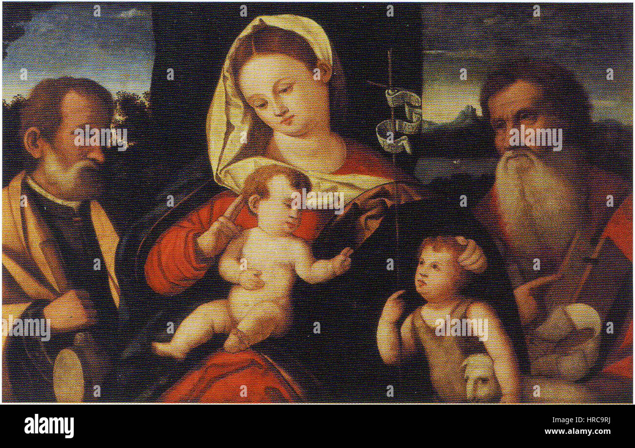 Andrea Previtalis Sacra Famiglia con San Girolamo (Heilige Familie mit dem Heiligen Jerome) ist ein Gemälde aus dem 16. Jahrhundert, das die Jungfrau Maria, das Jesuskind und den Heiligen Jerome zeigt. Er hebt die emotionale Tiefe und die religiösen Themen der Renaissance hervor. Stockfoto