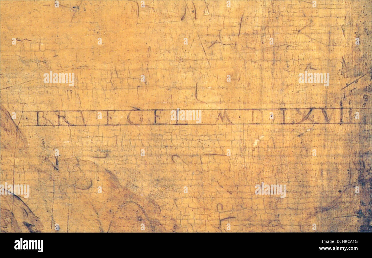 Diese Signatur von Pieter Bruegel dem Älteren, datiert 1567, unterstreicht die Beteiligung des Künstlers an den detaillierten und lebendigen Werken der nördlichen Renaissance, einschließlich Landschaften und Bauernszenen. Stockfoto