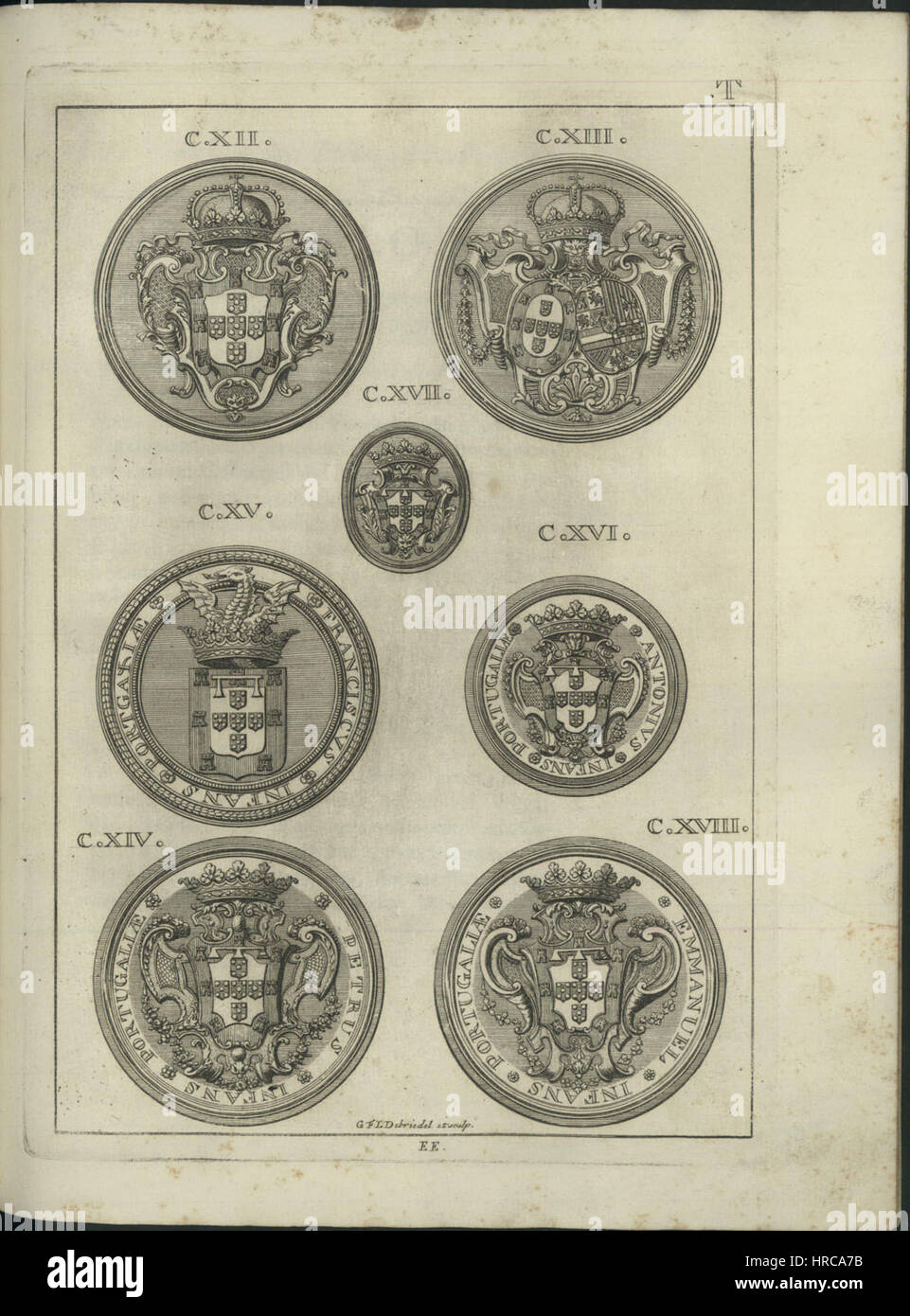 Die Siegel des Königshauses von Portugal von 1717 spiegeln die politischen und kulturellen Symbole der Zeit wider. Diese Siegel repräsentieren die Autorität und das Erbe der portugiesischen Monarchie und bieten einen Einblick in den historischen Kontext Portugals des 18. Jahrhunderts. Stockfoto