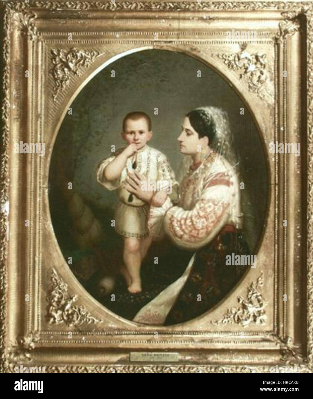 Sava Hentias „Doamna Davila cu fiul“ stellt Lady Davila mit ihrem Sohn dar und bietet Einblick in rumänische Porträts und familiäre Themen des 19. Jahrhunderts. Das Gemälde spiegelt die kulturelle Identität und den traditionellen Porträtstil der Zeit wider. Stockfoto