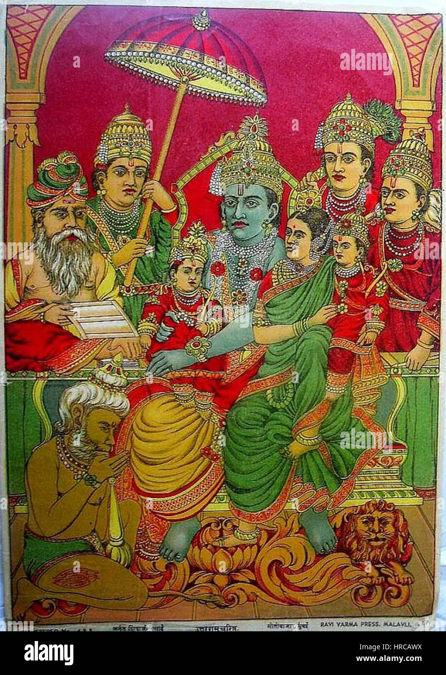 Rama und Sita, Hanuman und Ramas drei Brüder Lakshmana, Bharata und machen Stockfoto