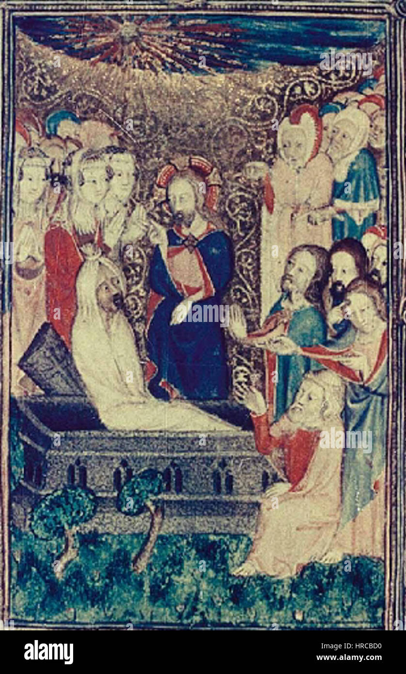 „The Raising of Lazarus“ ist eine ikonische religiöse Szene, die in einem Manuskript in der Bodleian Library dargestellt wird. Die Darstellung konzentriert sich auf die biblische Geschichte Jesu, die Lazarus wieder zum Leben erweckt. Stockfoto