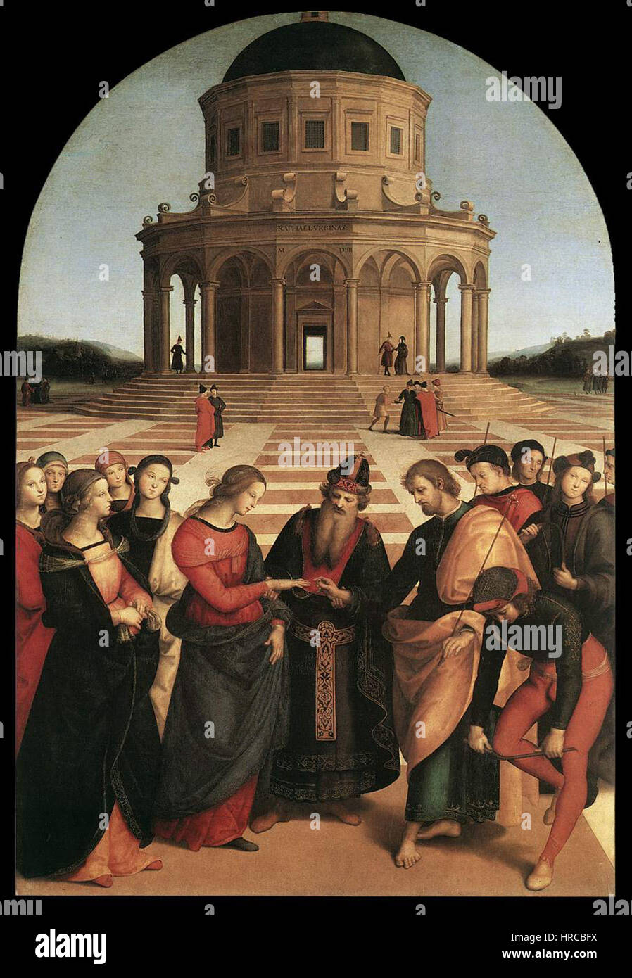 Raffaello Sanzios „Spozalizio“ (die Verlobung der Jungfrau Maria) zeigt den Moment der Verlobung der Jungfrau Maria mit dem Heiligen Josef. Das Werk ist bekannt für seine anmutige Komposition und die Beherrschung der Perspektive, die typisch für Raffaels Stil der Hochrenaissance ist. Stockfoto