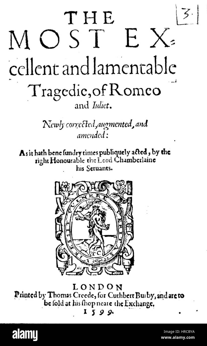 Die Titelseite von „Romeo und Julia“ enthält typischerweise dramatische und romantische Elemente, die mit Shakespeares ikonischem Stück assoziiert sind. Es zeigt eine komplizierte Typografie und oft eine Illustration, die die tragische Liebesgeschichte symbolisiert. Stockfoto