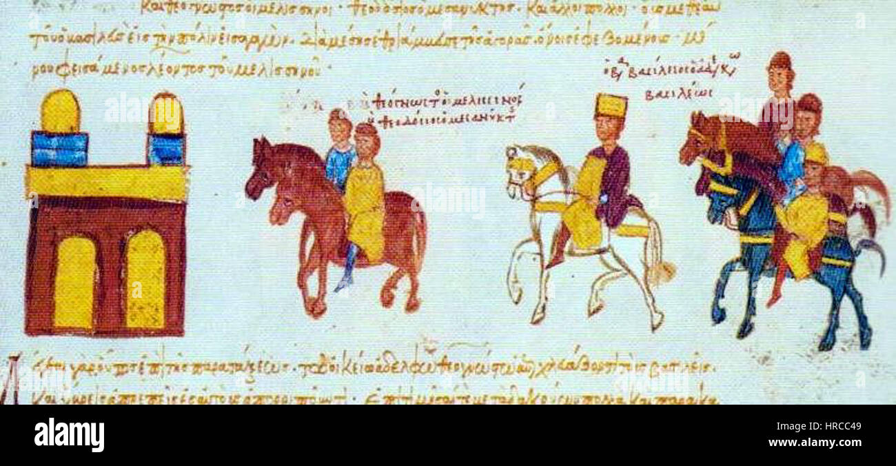 Der römische Triumph in der Ära von Kaiser Basilius II. Stellt eine Siegesfeier dar, die den militärischen Erfolg und die imperiale Macht zum Ausdruck bringt und die Pracht der byzantinischen Militärkultur und die Stärke des Kaisers unterstreicht. Stockfoto