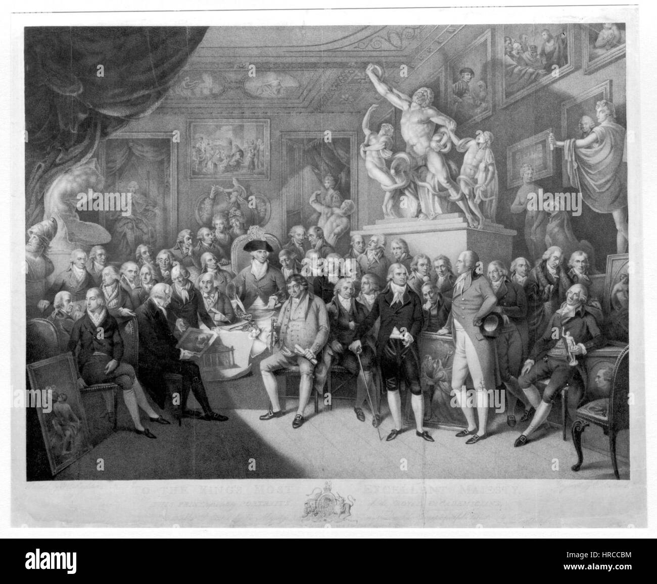 Dieses Kunstwerk von Charles Bestland stellt eine Gruppe von Royal Academicians dar und veranschaulicht ihre Rolle in der British Royal Academy. Bestlands Arbeit hebt die Prominenz dieser Figuren in der Kunst während dieser Zeit hervor. Das Gemälde bietet Einblick in die formale Kleidung und das würdevolle Verhalten der Mitglieder. Stockfoto