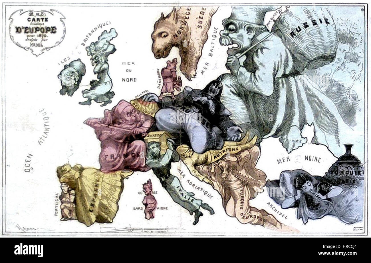 Dieses Stück veranschaulicht den satirischen Ton Europas im Jahr 1870 und erfasst politische und soziale Spannungen durch Karikatur. Das Kunstwerk spiegelt die Atmosphäre Europas kurz vor dem Ausbruch großer Konflikte wider. Stockfoto
