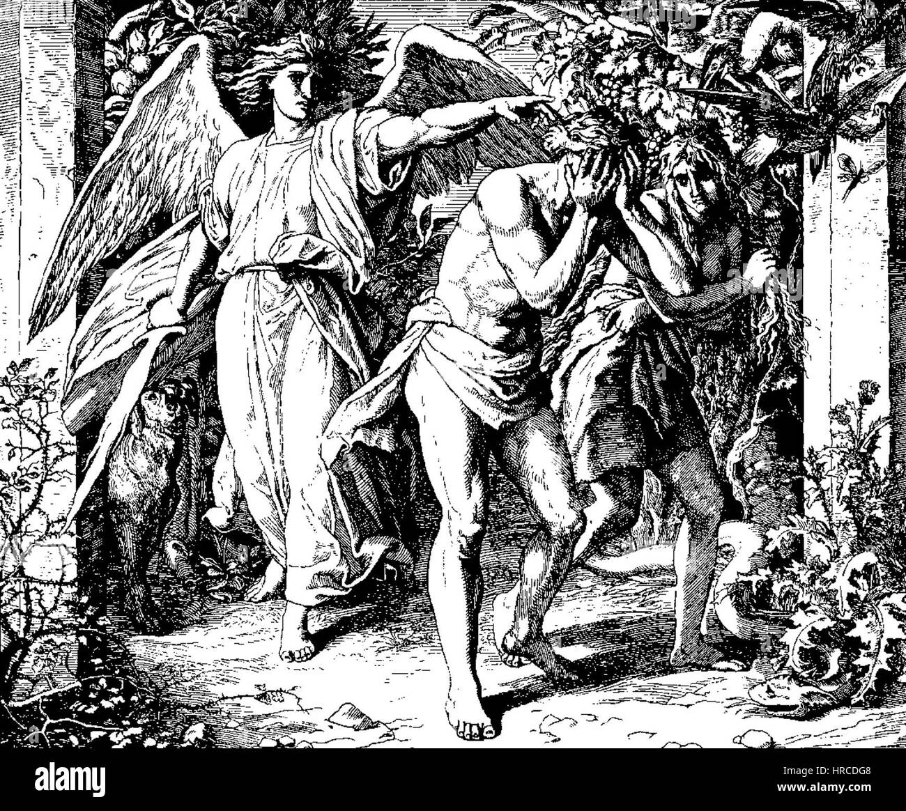 Schnorr von Carolsfelds Bibel in Bildern (1860) ist eine Sammlung von Holzschnitt-Illustrationen mit Szenen aus der Bibel. Dieses besondere Bild aus der Serie stellt ein wichtiges biblisches Ereignis dar und betont dramatische religiöse Themen und die detaillierte Holzschnitttechnik des Künstlers. Stockfoto