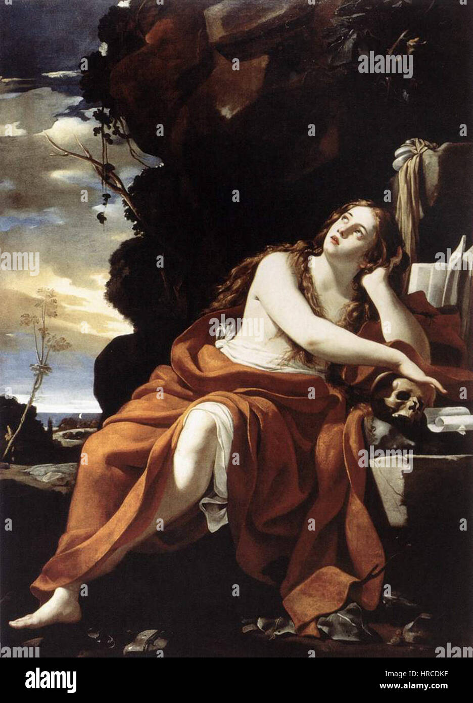 Simon Vouets „St. Maria Magdalena“ fängt die heilige in einem Moment der Reflexion ein und betont ihre emotionale Tiefe und spirituelle Reise durch satte Farben und detaillierte Darstellungen. Stockfoto