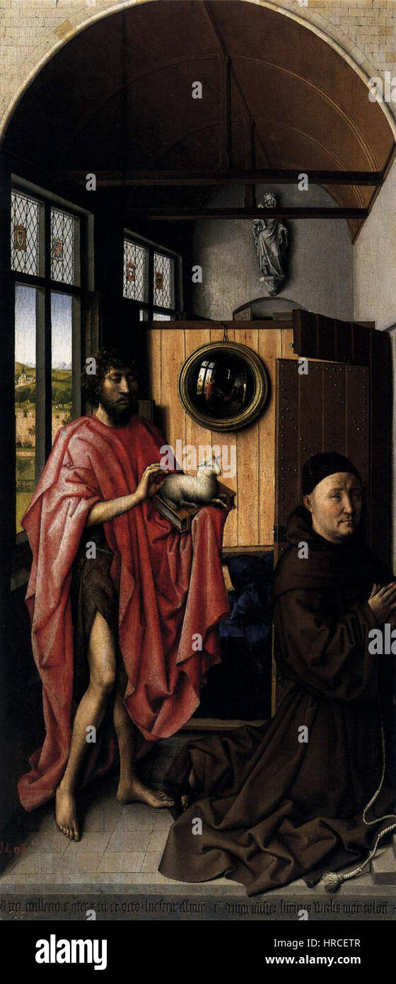 Der linke Flügel des Werl Altars von Robert Campin zeigt religiöse Figuren in einer detaillierten und anschaulichen Darstellung. Campins Verwendung von Ölfarbe bringt eine reiche Textur und emotionale Tiefe in die heilige Szene. Stockfoto