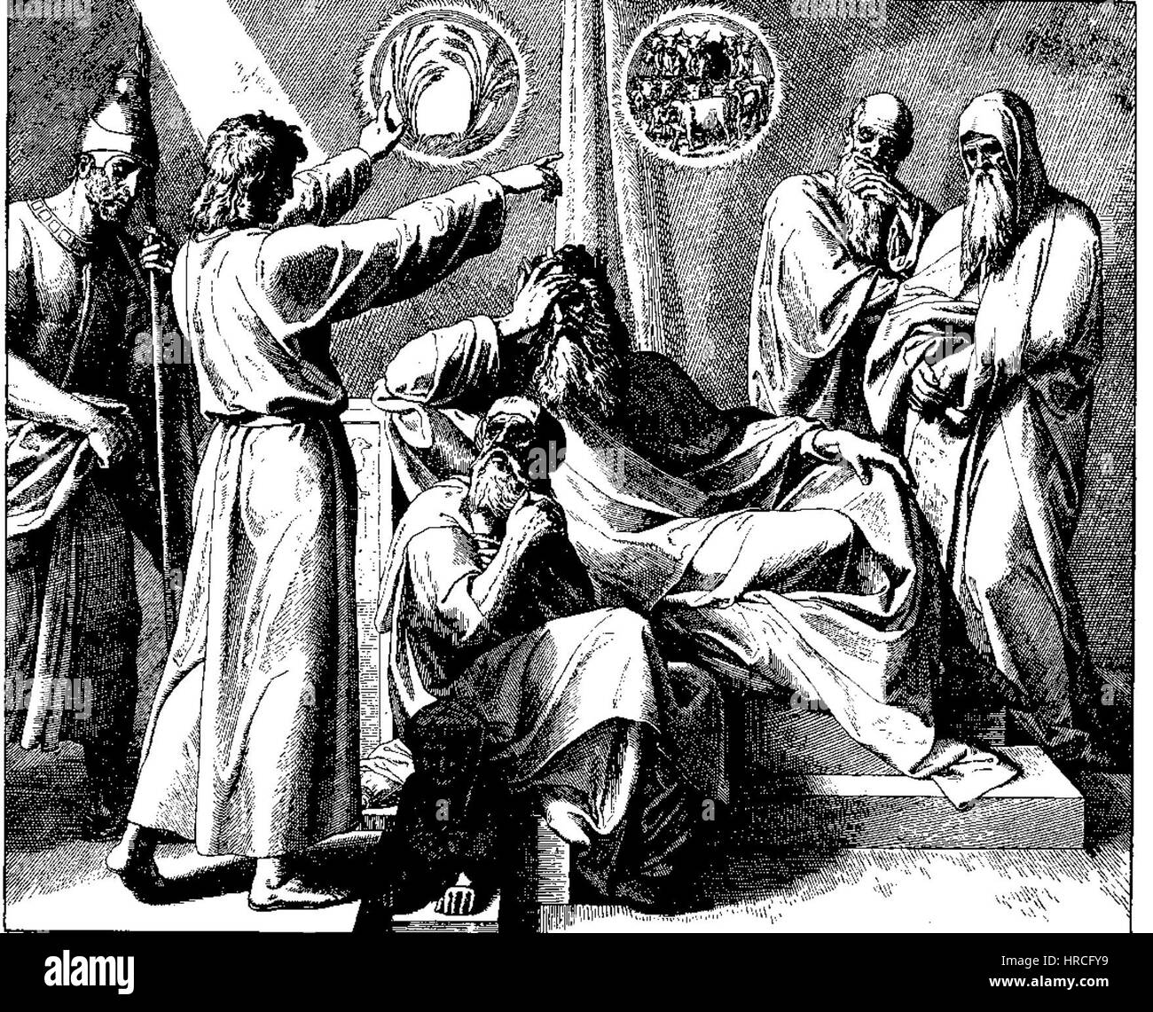 Eine Darstellung der 1860 erschienenen Schnorr von Carolsfeld Bibel in Bildern, einer illustrierten Bibel von Julius Schnorr von Carolsfeld. Diese Ausgabe enthält zahlreiche detaillierte Lithographien, die wichtige biblische Geschichten und Szenen illustrieren und religiöse Erzählungen durch Kunst im Stil des 19. Jahrhunderts einfangen. Stockfoto