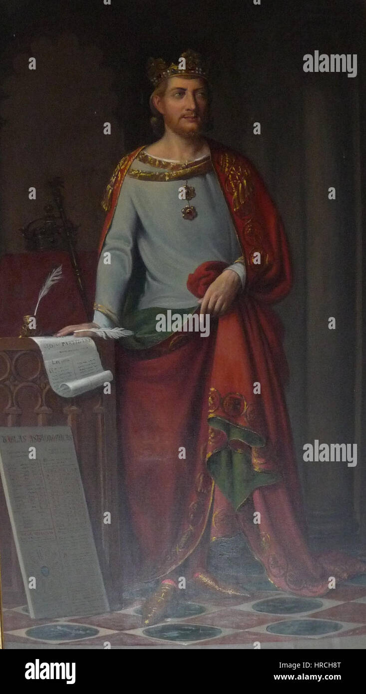 „Retrato de Alfonso X“ ist ein Porträt von Alfonso X. von Kastilien, auch bekannt als Alfonso der Weise, einem mittelalterlichen König, der für seine Beiträge zu Recht, Kultur und Kunst bekannt ist. Das Gemälde unterstreicht seine akademischen und königlichen Qualitäten und zeigt seinen Einfluss auf die kulturelle Landschaft Spaniens des 13. Jahrhunderts. Seine Kleidung und sein nachdenklicher Ausdruck spiegeln seinen Status als gelehrter Herrscher und Mäzen der Künste wider. Stockfoto „Retrato de Alfonso X“ ist ein Porträt von Alfonso X. von Kastilien, auch bekannt als Alfonso der Weise, einem mittelalterlichen König, der für seine Beiträge zu Recht, Kultur und Kunst bekannt ist. Das Gemälde unterstreicht seine akademischen und königlichen Qualitäten und zeigt seinen Einfluss auf die kulturelle Landschaft Spaniens des 13. Jahrhunderts. Seine Kleidung und sein nachdenklicher Ausdruck spiegeln seinen Status als gelehrter Herrscher und Mäzen der Künste wider. Stockfoto