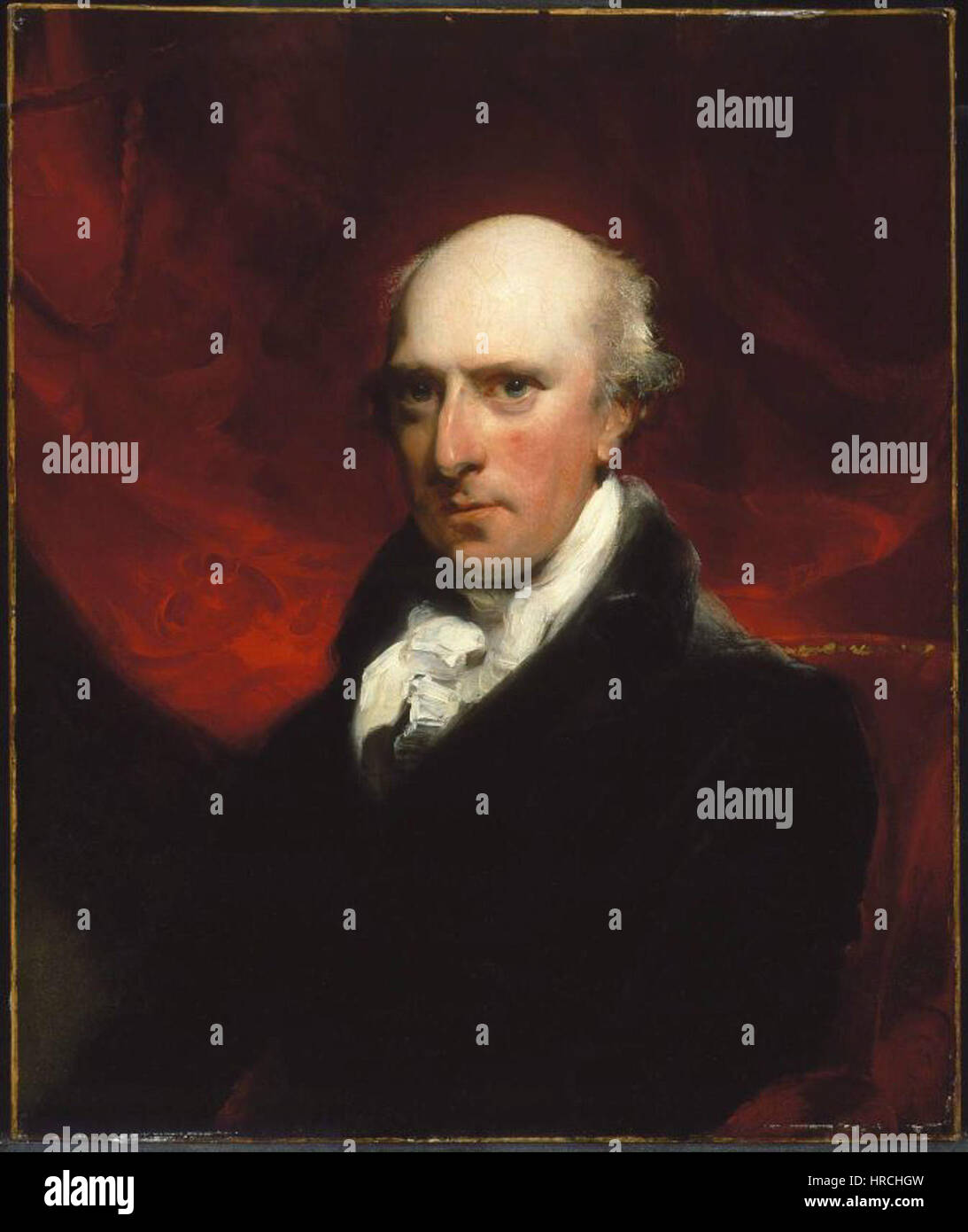 Ein Porträt von Sir Uvedale Price, 1. Baronet, fängt den englischen Landbesitzer und Schriftsteller des 18. Jahrhunderts ein, der für seine Arbeiten über die Ästhetik der Gartenarbeit bekannt ist. Das Gemälde spiegelt sein intellektuelles Verhalten und sein gesellschaftliches Ansehen wider, mit einer formalen Pose und raffinierter Kleidung. Stockfoto