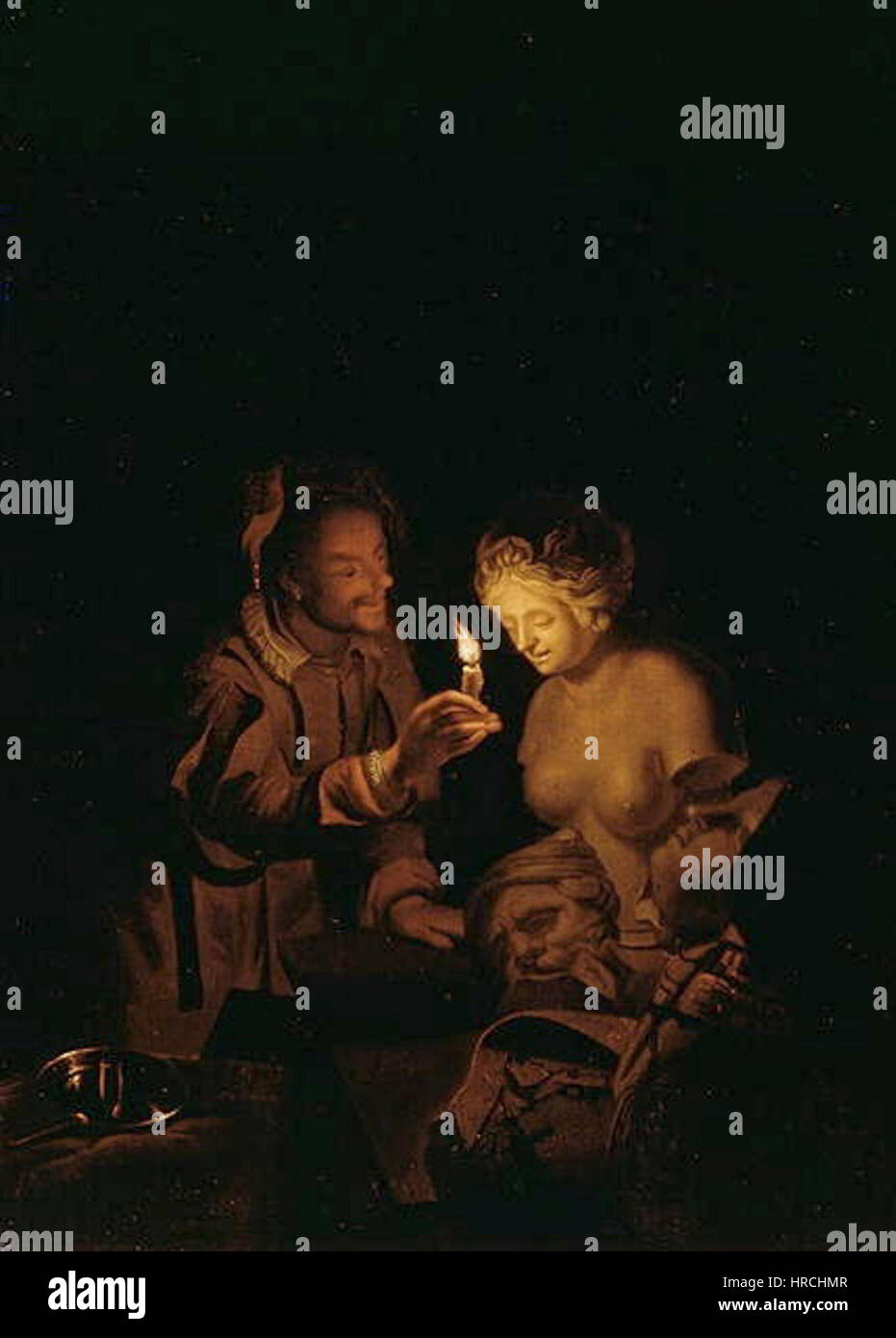 „Pygmalion“ von Godfried Schalcken stellt den Mythos von Pygmalion dar, dem Bildhauer, der sich in seine eigene Statue verliebt. Das Gemälde fängt den Moment der Verwandlung ein, während die Statue zum Leben erwacht, und unterstreicht Schalckens Beherrschung von Licht und Schatten. Stockfoto