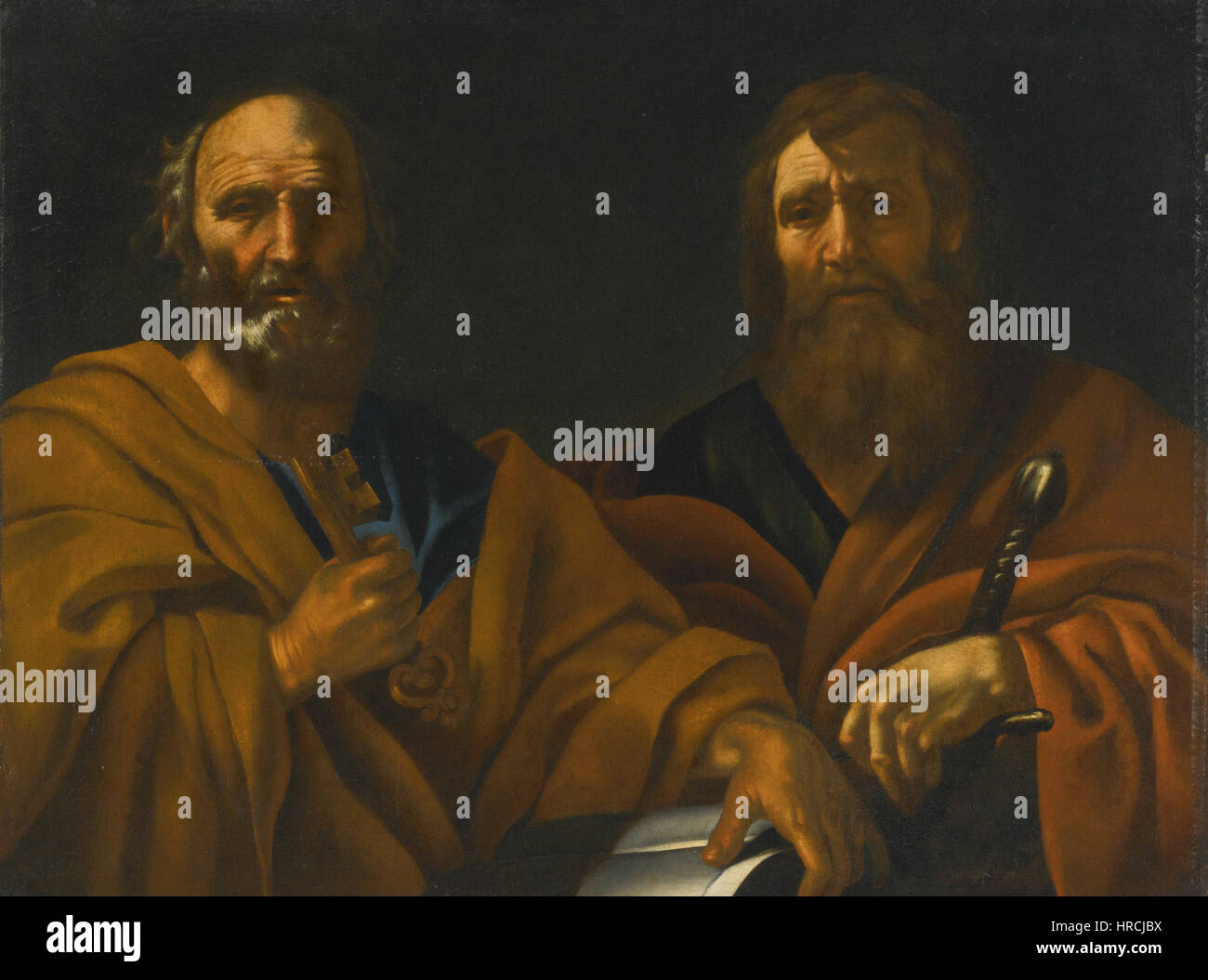 Dieses Gemälde aus der Römischen Schule um 1620 zeigt die Heiligen Peter und Paul und zeigt die religiöse Verehrung und den klassischen Einfluss der Barockkunst. Die Figuren werden mit dramatischem Licht und ausdrucksstarken Details dargestellt, die typisch für diese Zeit sind. Stockfoto