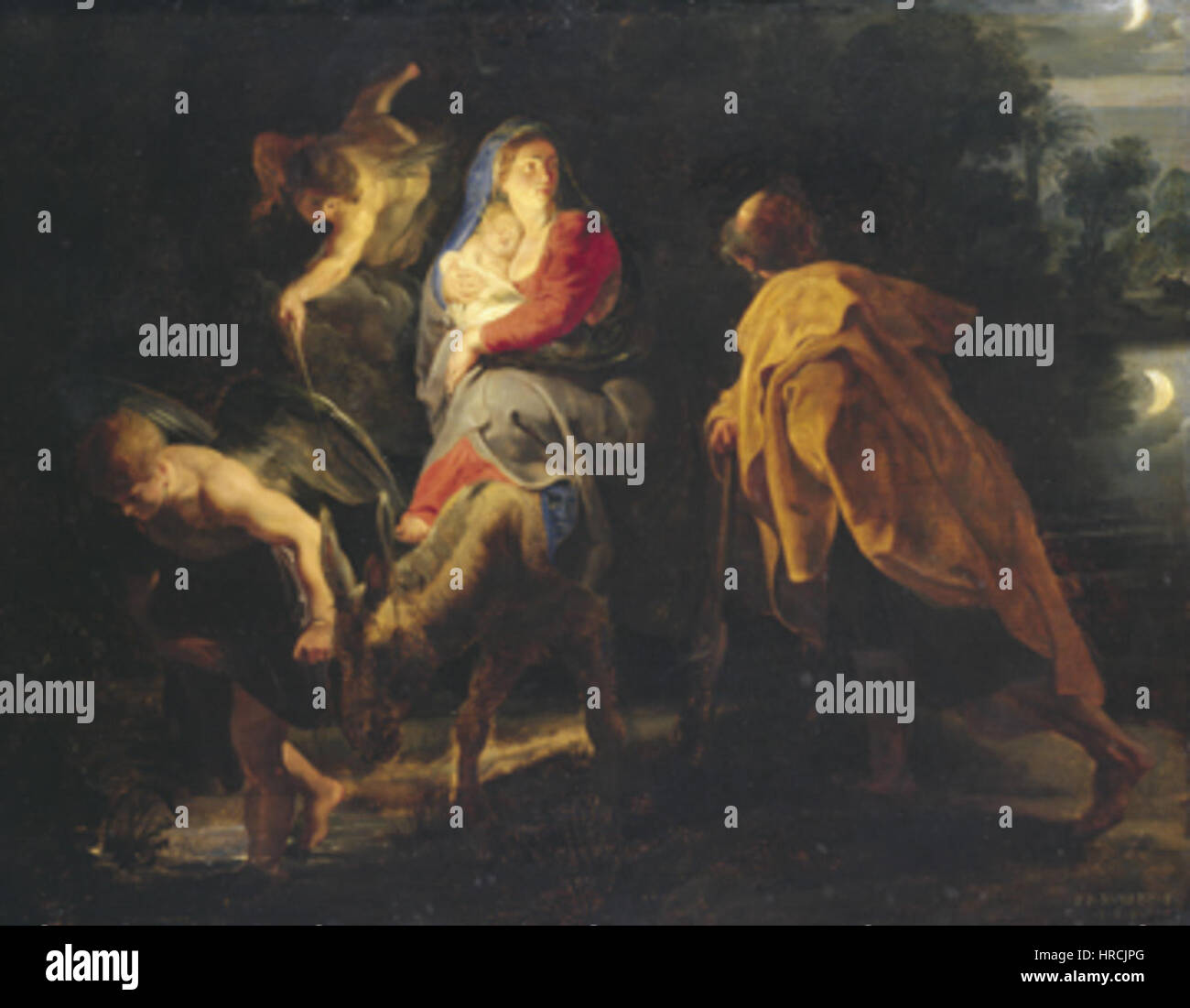 Dieses Gemälde von Peter Paul Rubens, „Flug nach Ägypten“, zeigt die Reise der Heiligen Familie nach Ägypten, die dem Erlass von König Herodes entgangen ist. 1614 fertiggestellt, stellt Rubens die Szene mit dramatischer Bewegung und lebendigen Farben dar, die typisch für seinen barocken Stil sind. Die Komposition betont die emotionale Tiefe, indem sie Licht und Schatten nutzt, um die Figuren zum Leben zu erwecken. Stockfoto