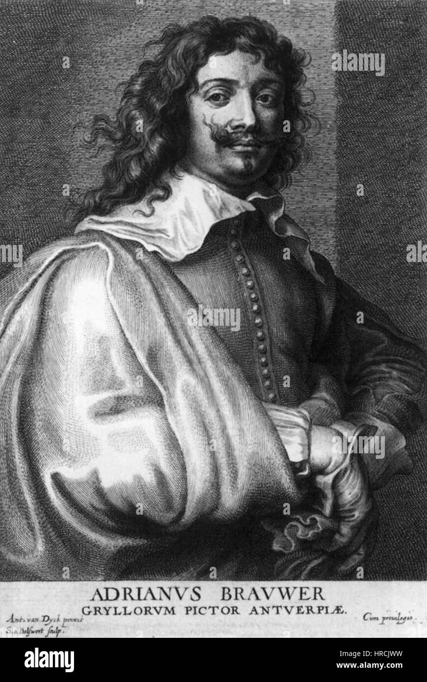 Schelte Adamsz. Bolswerts Gravur von Adriaen Brouwers Gemälde zeigt ein detailliertes und ausdrucksstarkes Porträt einer Figur aus der niederländischen Genremalerei. Die Gravur fängt Brouwers Geschick in der Darstellung lebendiger Charaktere und Persönlichkeit in seinen Werken ein. Stockfoto