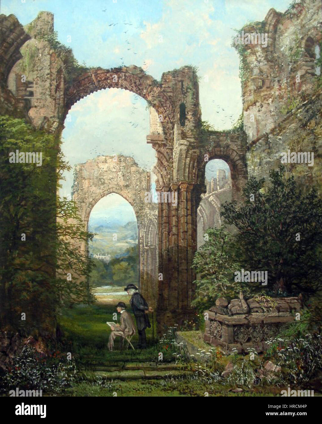 Dieses Kunstwerk stellt möglicherweise Samuel und Richard Rayner in Lindisfarne dar, eine Referenz auf ein historisches oder religiöses Ereignis, das mit dem berühmten Kloster Lindisfarne verbunden ist. Das Stück ist in seinen Details unsicher, spiegelt aber die englische Geschichte und religiöse Bedeutung wider. Stockfoto
