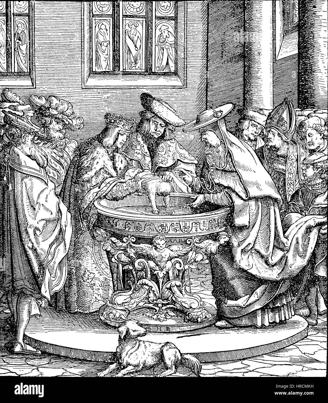 Taufe von Maximilian I. 1459 von 1486 römisch-deutscher König, von 1493 Meister der österreichischen erblichen Länder und ab 1508 Kaiser des Heiligen Römischen Reiches. Faksimile der Holzschnitt von Hans Burgkmair, Reproduktion von einem Holzschnitt aus dem 19. Jahrhundert, 1885 Stockfoto