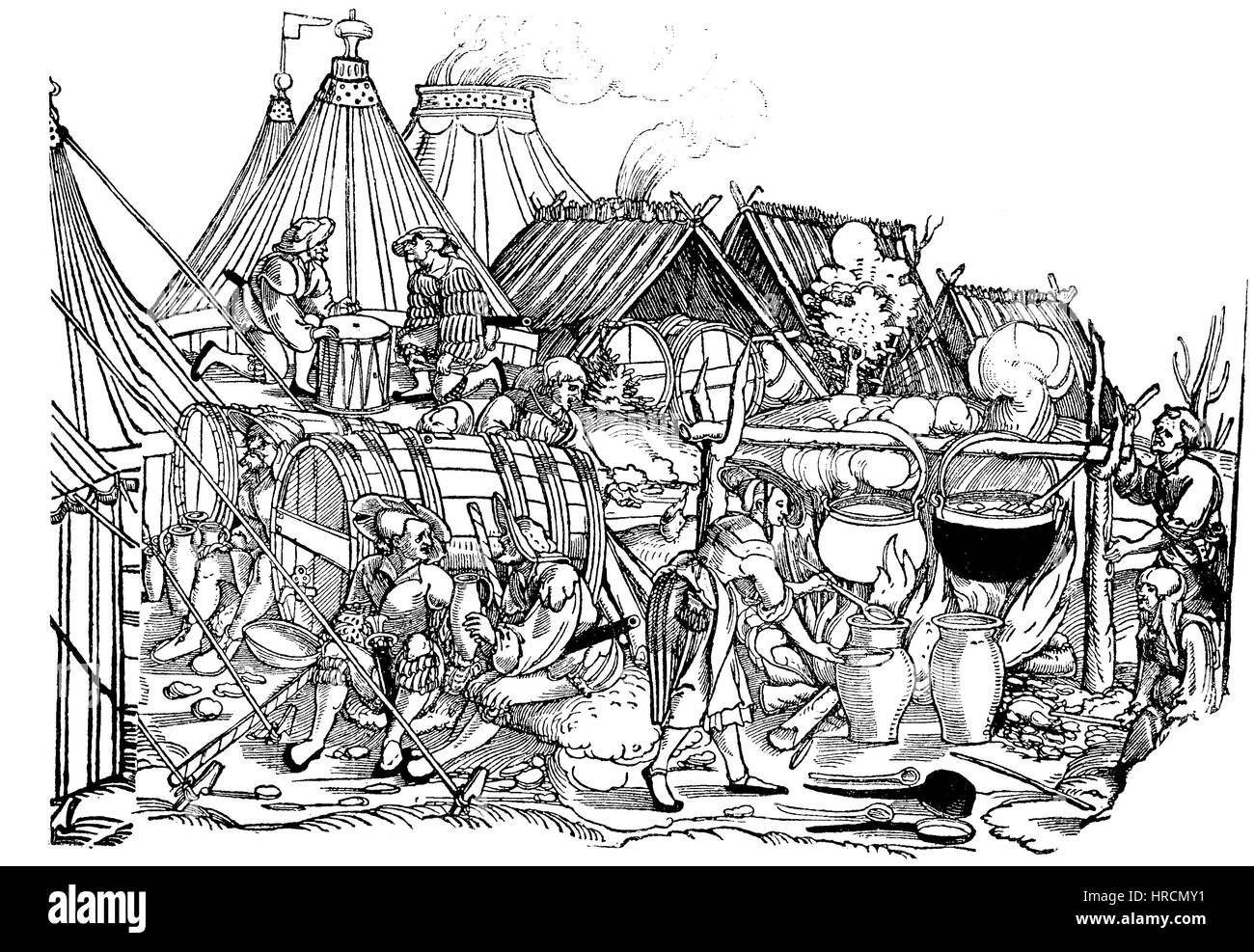 Das Lagerleben der Landsknechte, Fußsoldat während des 15. Jahrhunderts, in den Hintergrund-Würfel-Player auf eine Trommel, Deutschland, Reproduktion von einem Holzschnitt aus dem 19. Jahrhundert, 1885 Stockfoto
