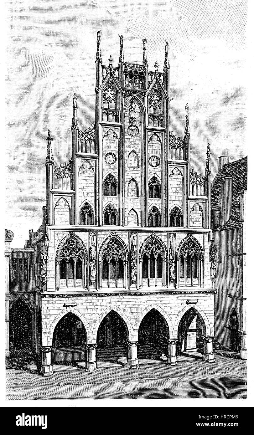 Das Rathaus in Münster in Westfalen, Deutschland, Reproduktion von einem Holzschnitt aus dem 19. Jahrhundert, 1885 Stockfoto