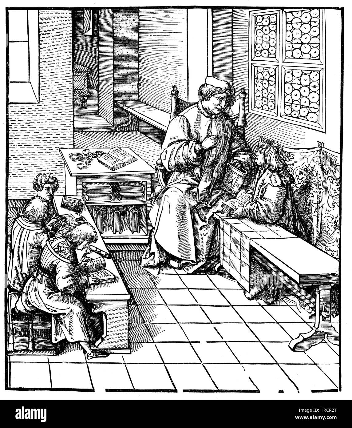 Maximilian erhält Unterricht, Faksimile von einem Holzschnitt illustriert von Hans Burgkmair 1473-1531, Deutschland, Maximilian I., 1459-1519, Reproduktion von einem Holzschnitt aus dem 19. Jahrhundert, 1885 Stockfoto