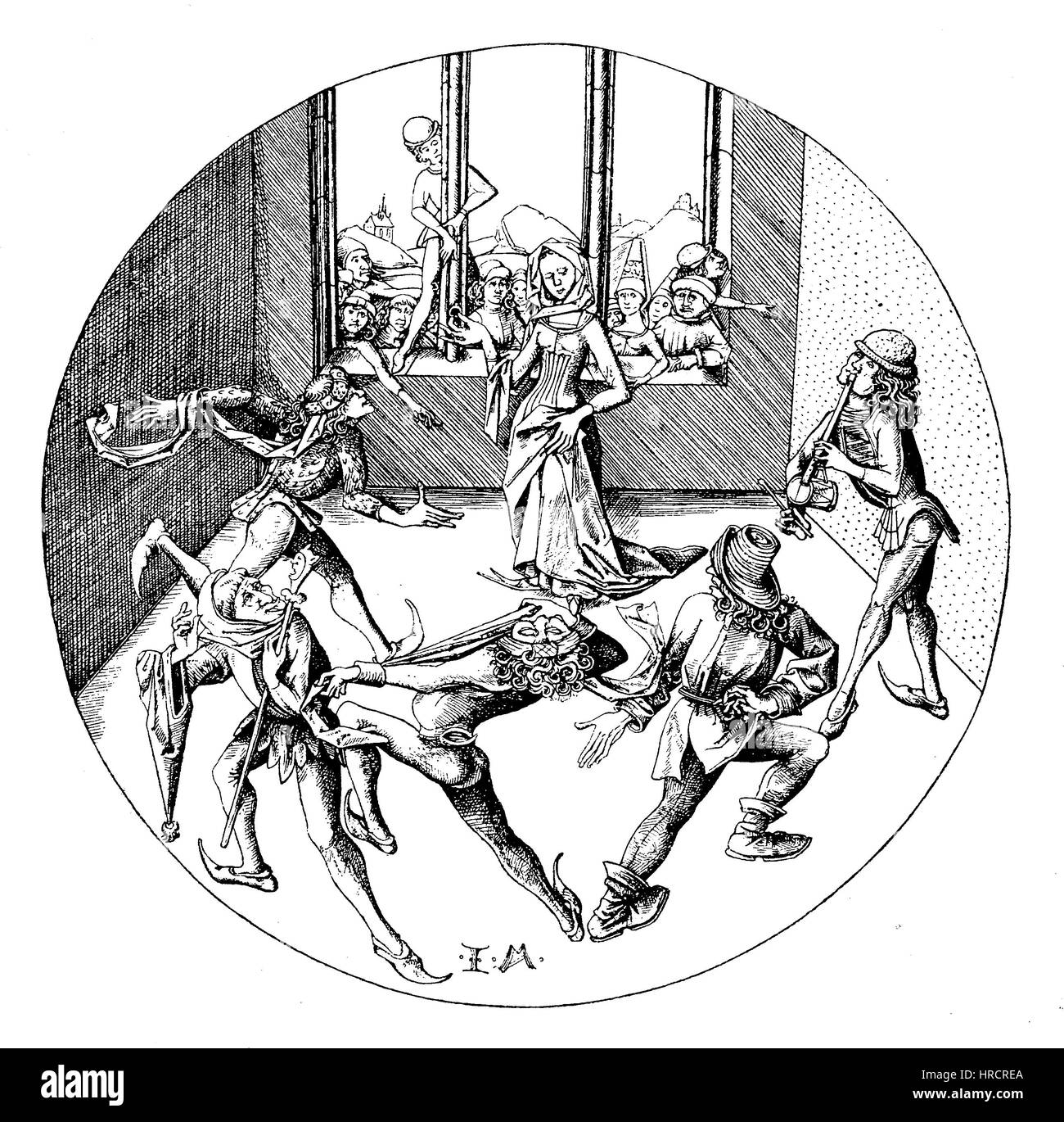 Der Tanz um den Ring, Faksimile der Kupferstich von Israhel van Meckenem, im 15. Jahrhundert, Deutschland, Reproduktion von einem Holzschnitt aus dem 19. Jahrhundert, 1885 Stockfoto