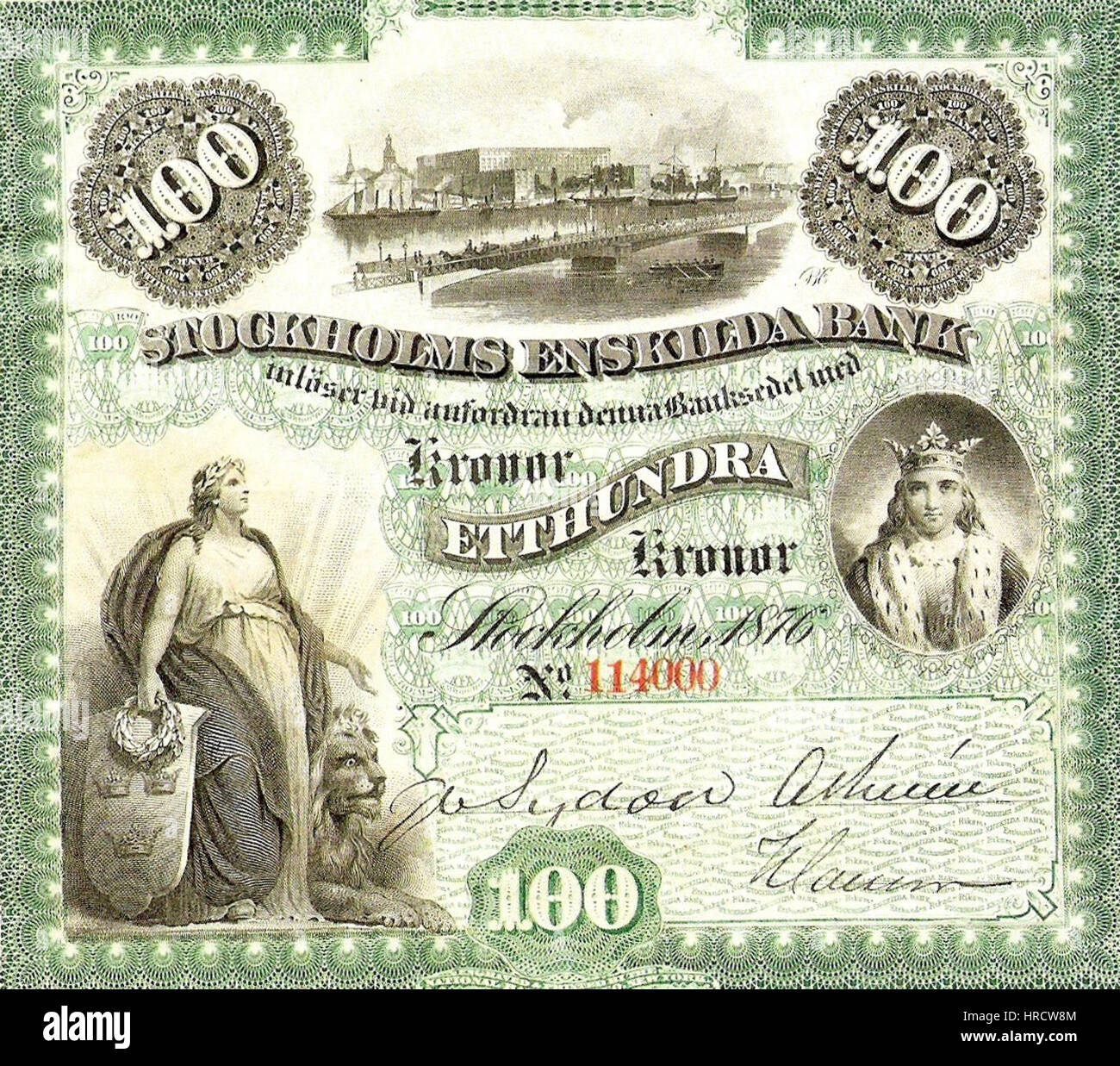 Die 1876 von der Stockholms Enskilda Bank ausgegebene 100-Kronen-Banknote zeigt komplexe Designs, die die finanzielle und künstlerische Kultur Schwedens des späten 19. Jahrhunderts widerspiegeln. Die Notiz ist ein historisches Beispiel für die schwedische Währung. Stockfoto
