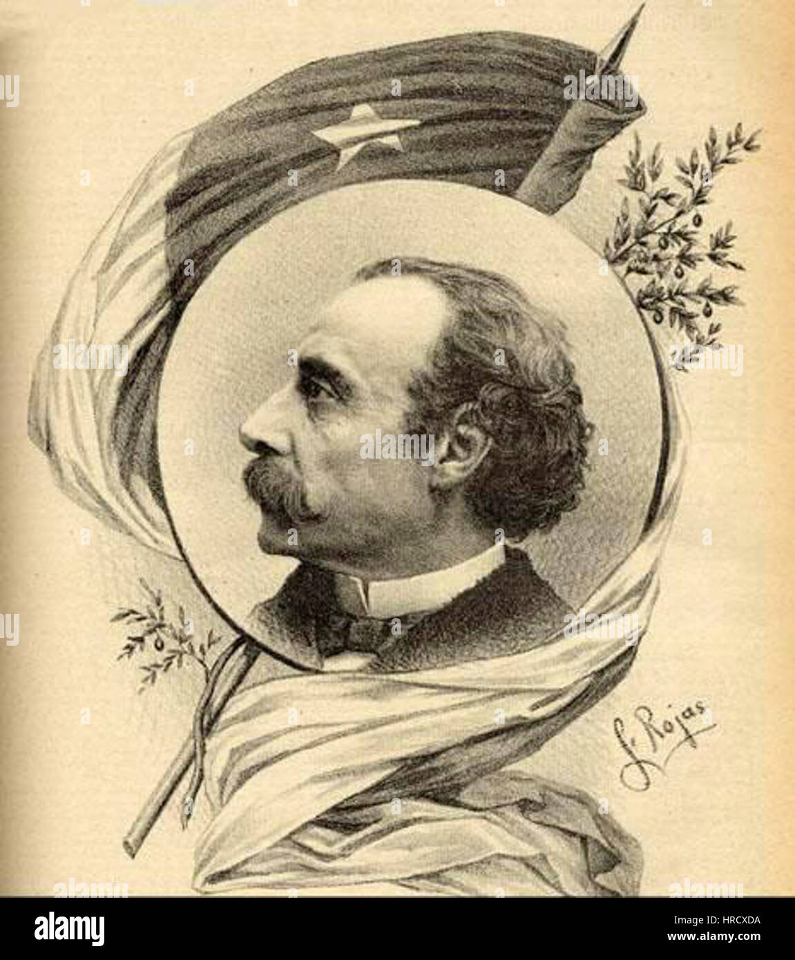 Ein Porträt des chilenischen Präsidenten José Manuel Balmaceda, gemalt von Rojas, fängt den würdevollen Ausdruck und die Führungsqualitäten dieses Präsidenten aus dem 19. Jahrhundert ein. Das Kunstwerk spiegelt die politische Bedeutung seiner Ära in der chilenischen Geschichte wider. Stockfoto