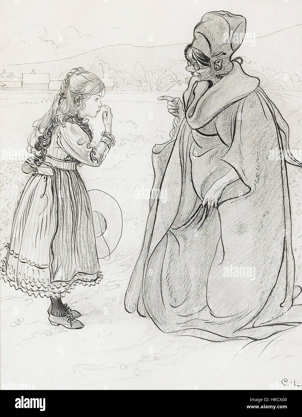 Carl Larssons Gemälde „das Märchen von Lillis Nase“ aus dem Jahr 1900 zeigt eine skurrile und fantasievolle Szene, die für seinen expressiven Stil und die Verwendung lebendiger Farben zur Illustration von Kindergeschichten und -Fantasien charakteristisch ist. Stockfoto
