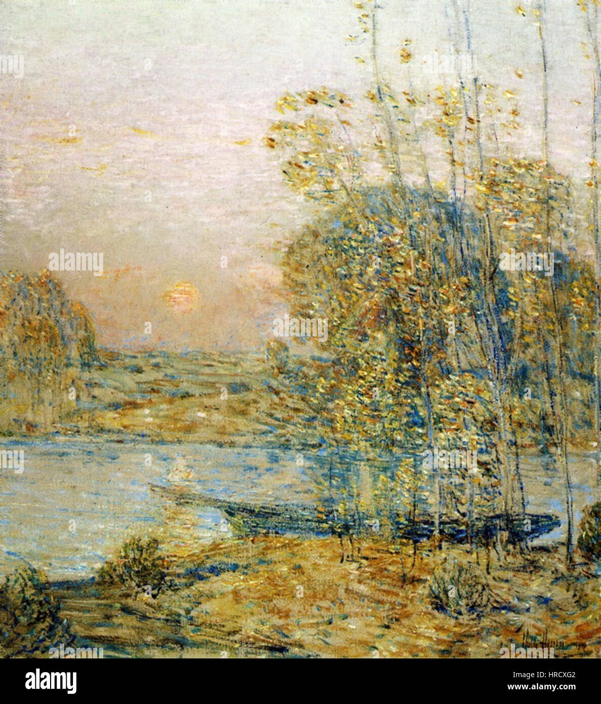 Childe Hassams „Late Afternoon“ (1903) ist ein wunderschönes impressionistisches Werk, das das sanfte Licht eines späten Nachmittags einfängt. Die lockeren Pinselstriche und die lebendige Farbpalette des Gemäldes erinnern an die ruhige und flüchtige Schönheit eines Moments in der Zeit. Stockfoto