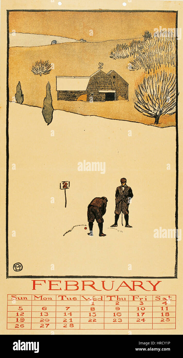Edward Penfields Golfkalender. Februar' fängt die Sportart Golf in einem Kalenderdesign des frühen 20. Jahrhunderts ein. Die Illustration kombiniert auffällige grafische Elemente mit einem Fokus auf die Aktivität des Golfs und zeigt die Kultur und Ästhetik der Zeit. Stockfoto