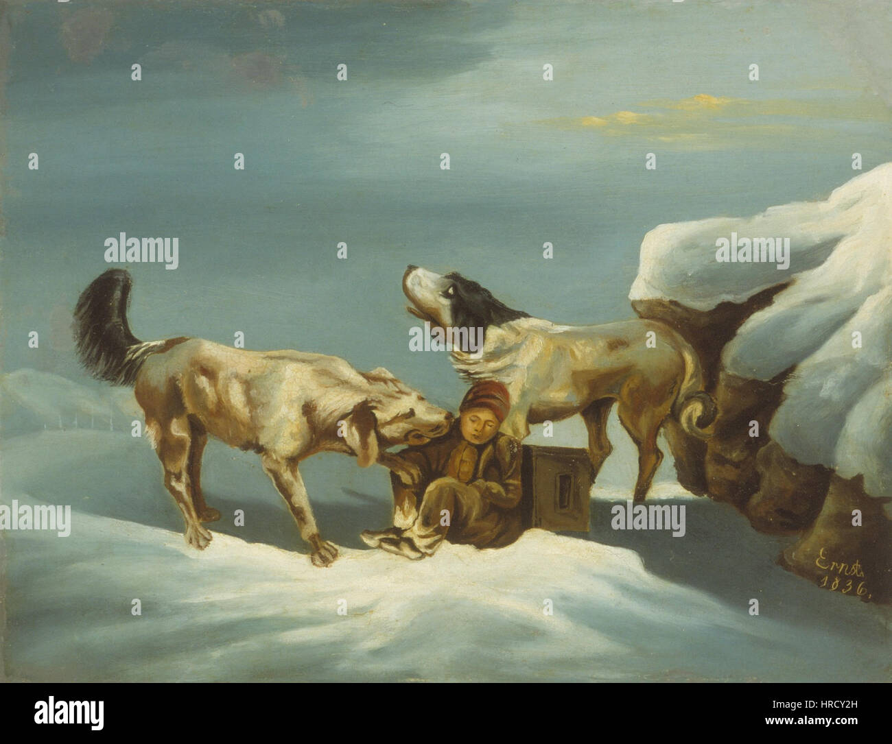 Das Gemälde von Ernst von Sachsen-Coburg und Gotha aus dem 19. Jahrhundert zeigt zwei Bernhardiner-Hunde im Schnee, die das edle Aussehen der Hunde und die winterliche Landschaft einfangen. Stockfoto