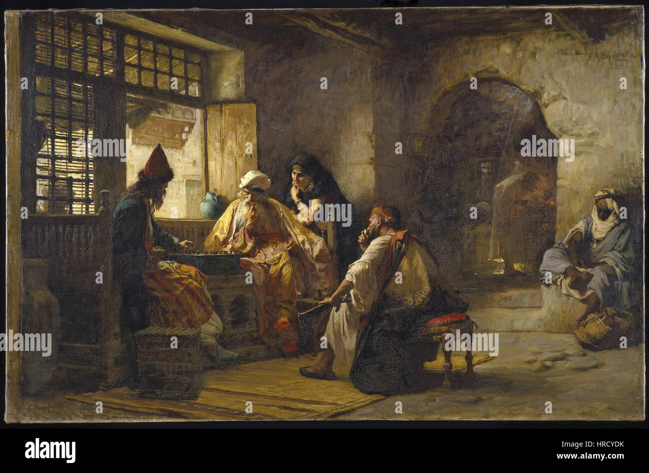 „Ein interessantes Spiel“ von Frederick Arthur Bridgman stellt eine Szene aus dem Nahen Osten dar, in der eine Gruppe von Menschen in einem traditionellen Spiel zu sehen ist. Die Arbeit unterstreicht Bridgmans Fähigkeit, die kulturelle Lebendigkeit der Region einzufangen. Stockfoto