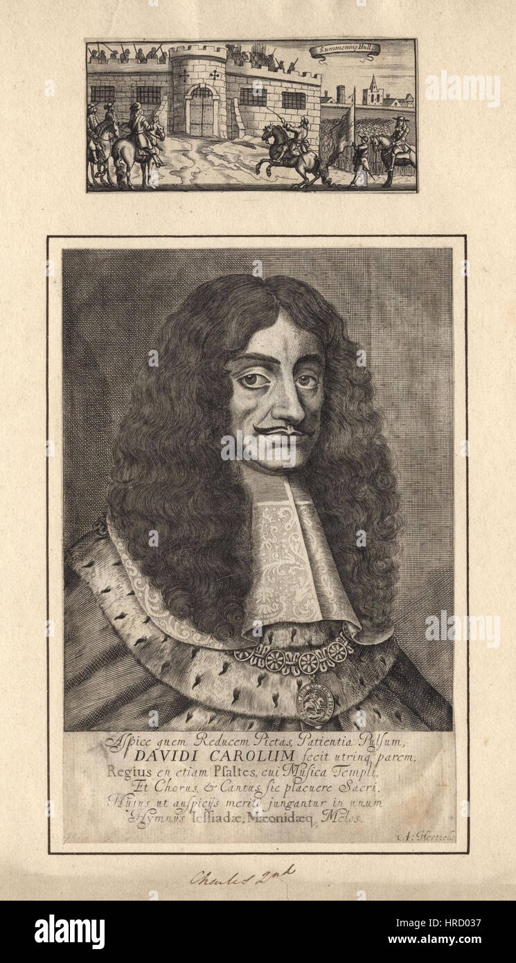 Dieses von A. Hertocks geschaffene Porträt von König Karl II. Zeigt den britischen Monarchen in königlicher Kleidung. Das Bild zeigt die Führung und den königlichen Status des Königs und spiegelt den Glanz und die würde der Restaurierungsperiode wider. Stockfoto