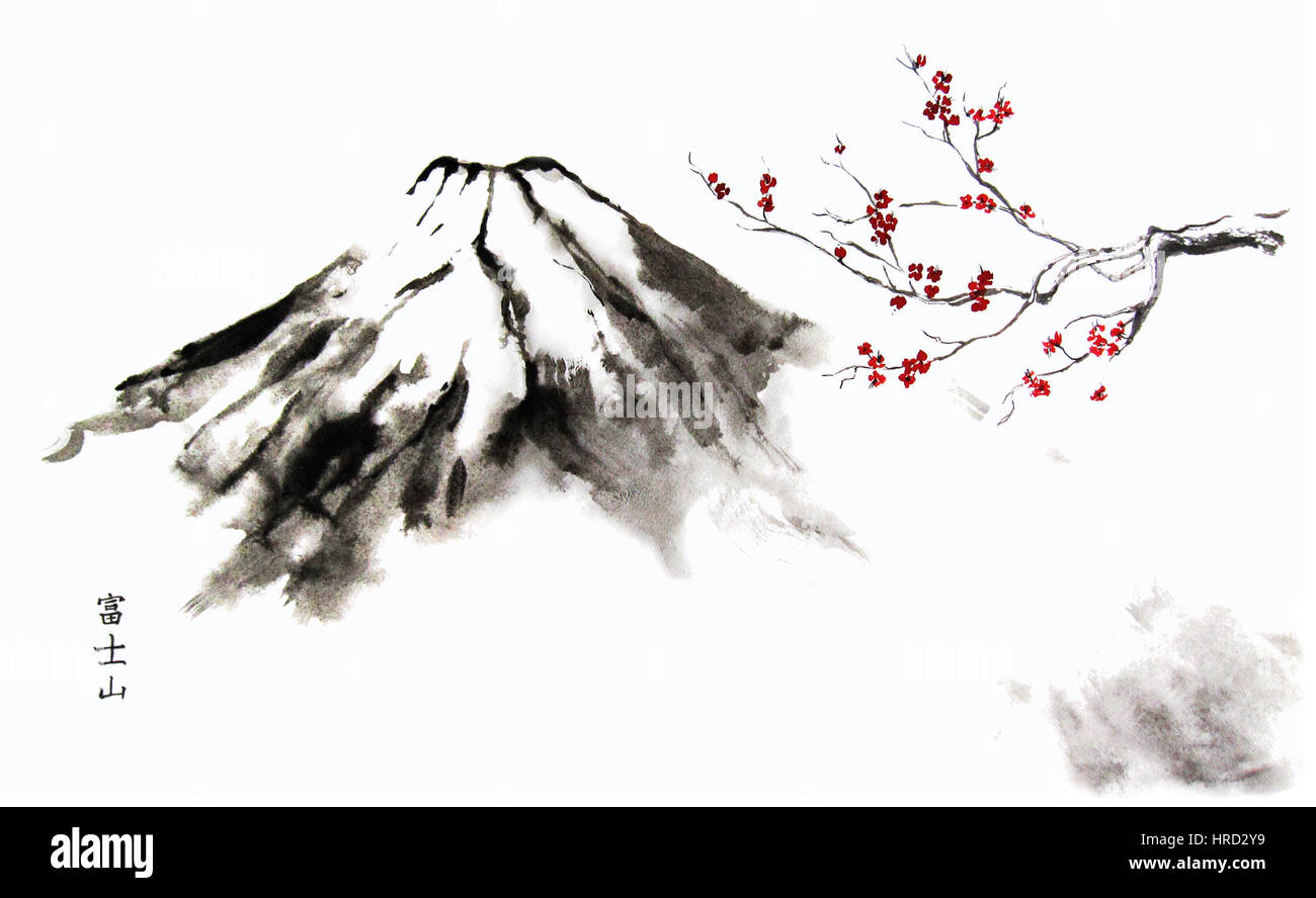 Berg Fuji und Cherry Blossom orientalische Sumi-e Malerei mit japanischen Hieroglyphen "Berg Fuji". Stockfoto