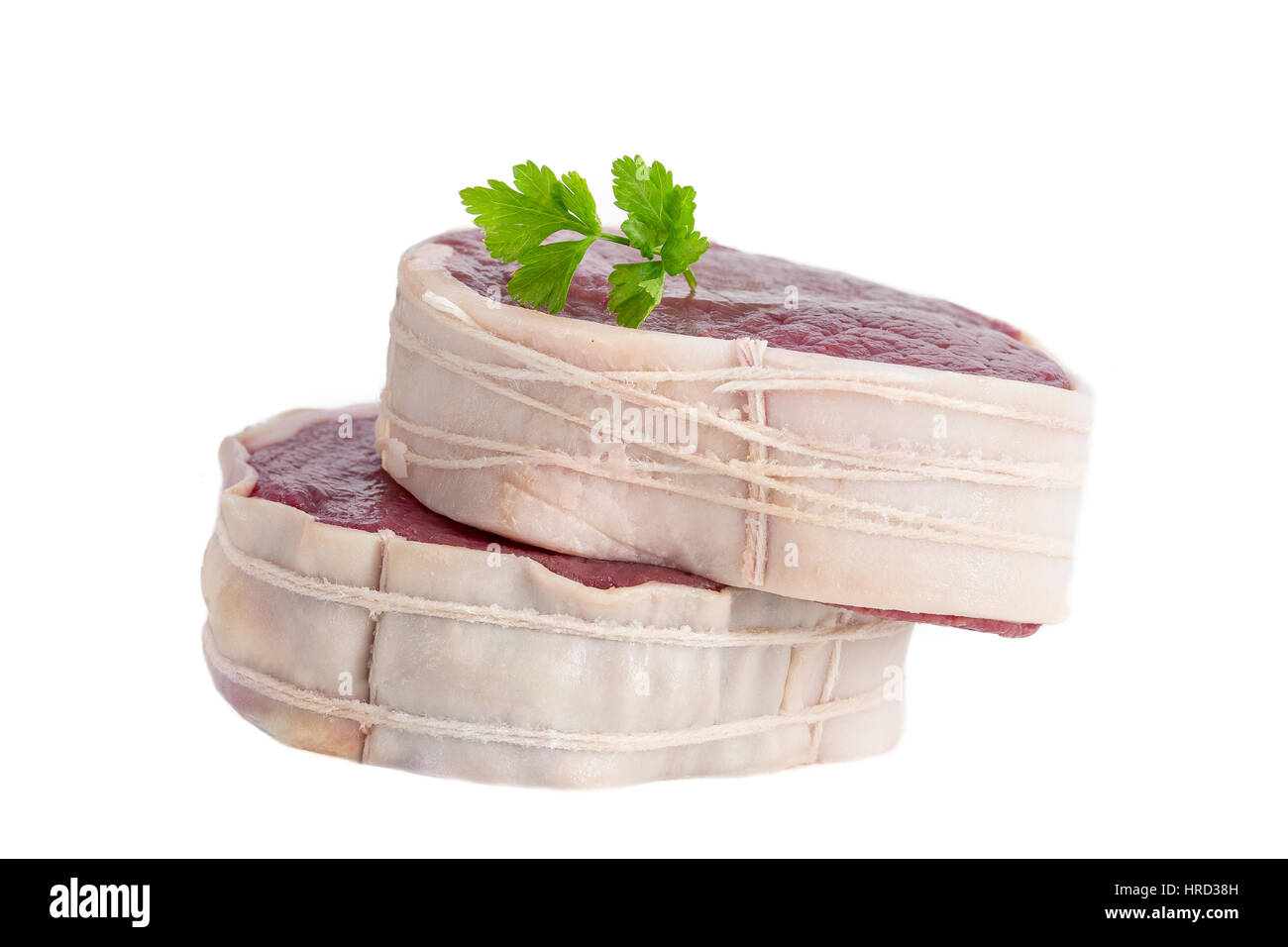 Tournedos: eine kleine Runde Dicke geschnitten aus einem Filet vom Rind weiß Stockfoto