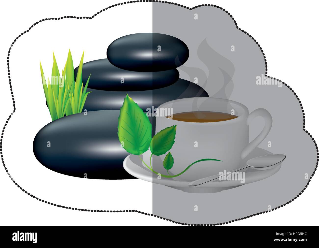 Wellness Vulkangestein mit Blättern und Kaffeetasse Stock Vektor