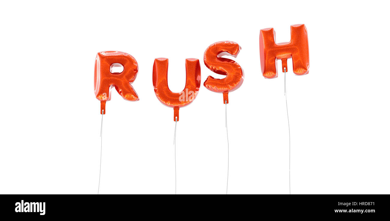 RUSH - Wort, das aus roten Folie Luftballons - 3D gerendert.  Einsetzbar für ein Online-Banner oder eine gedruckte Postkarte. Stockfoto