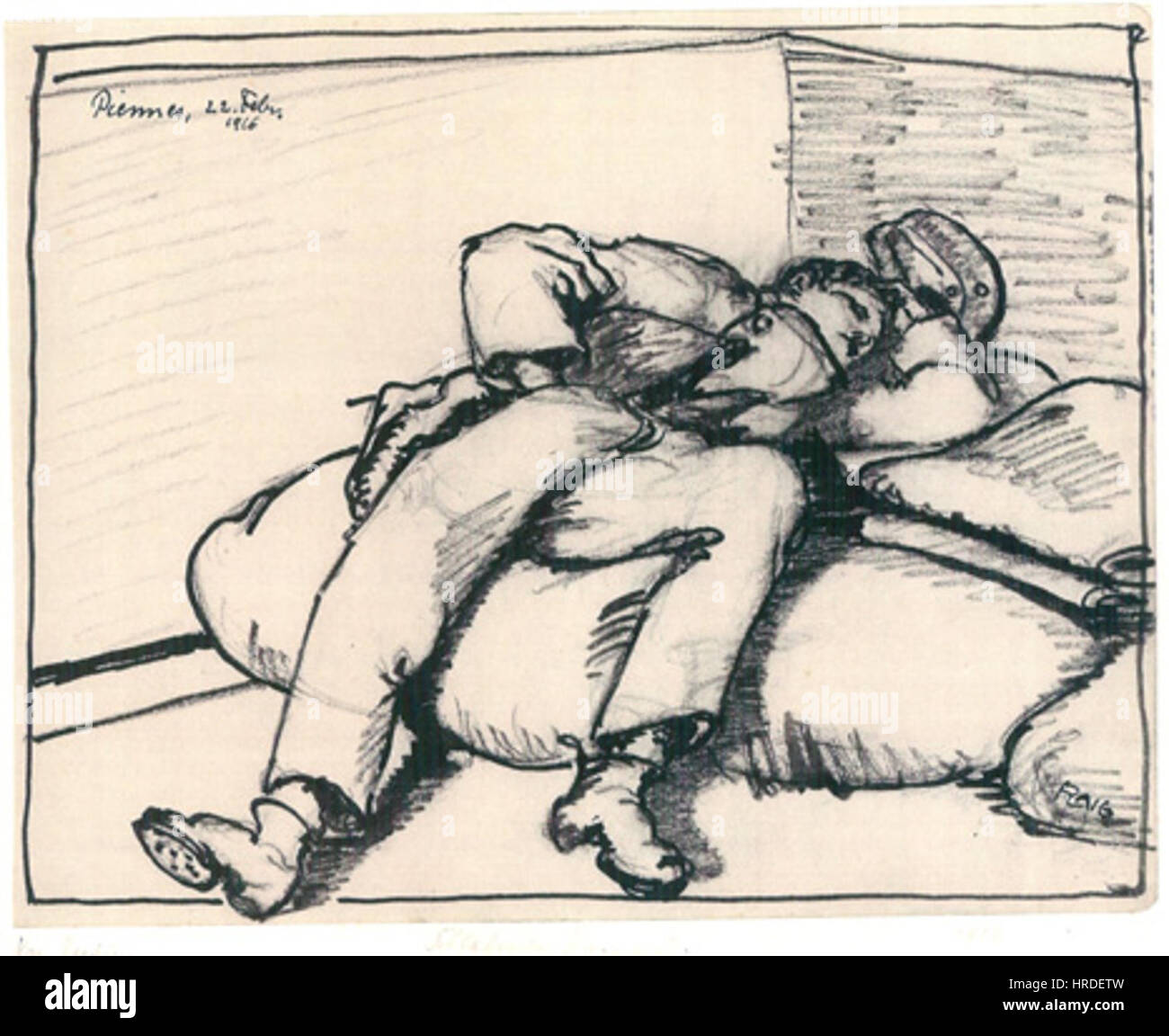 Das Kriegstagebuch Blatt 11 Schlafender Kamerad 1916 ist ein Kunstwerk, das die Erfahrungen von Soldaten während des Ersten Weltkriegs widerspiegelt. Das Bild zeigt einen gefallenen Soldaten und symbolisiert die Tragödie und den Horror des Krieges. Stockfoto