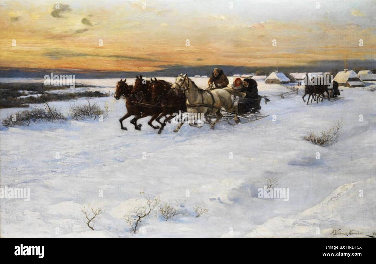 Alfred Wierusz-Kowalskis „kulig W zimowym krajobrazie“ zeigt eine Winterlandschaft mit einem Pferdeschlitten. Das kalte, schneebedeckte Gelände und die Bewegungen der Pferde werden mit dramatischer Intensität erfasst. Stockfoto