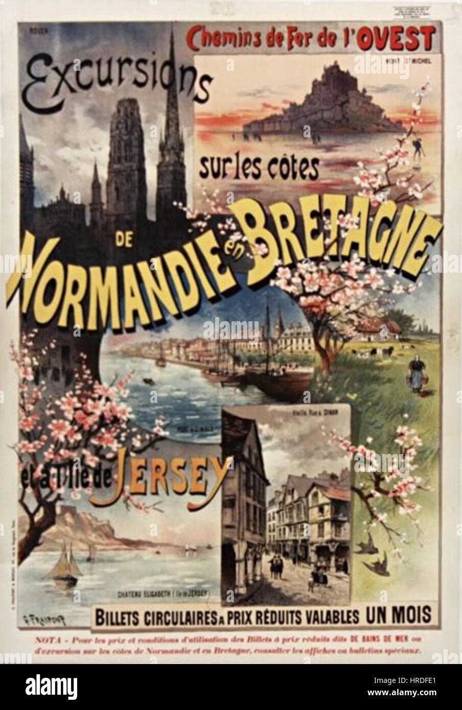 „Affiche Ouest Normandie Bretagne Jersey“ ist ein Vintage-Reiseplakat, das die westlichen Regionen Frankreichs, einschließlich Normandie, Bretagne und Jersey, fördert. Das Poster zeigt lebendige Farben und malerische Bilder, die Touristen anlocken und die Betonung der damaligen Zeit auf Reisen und regionalen Stolz widerspiegeln. Stockfoto