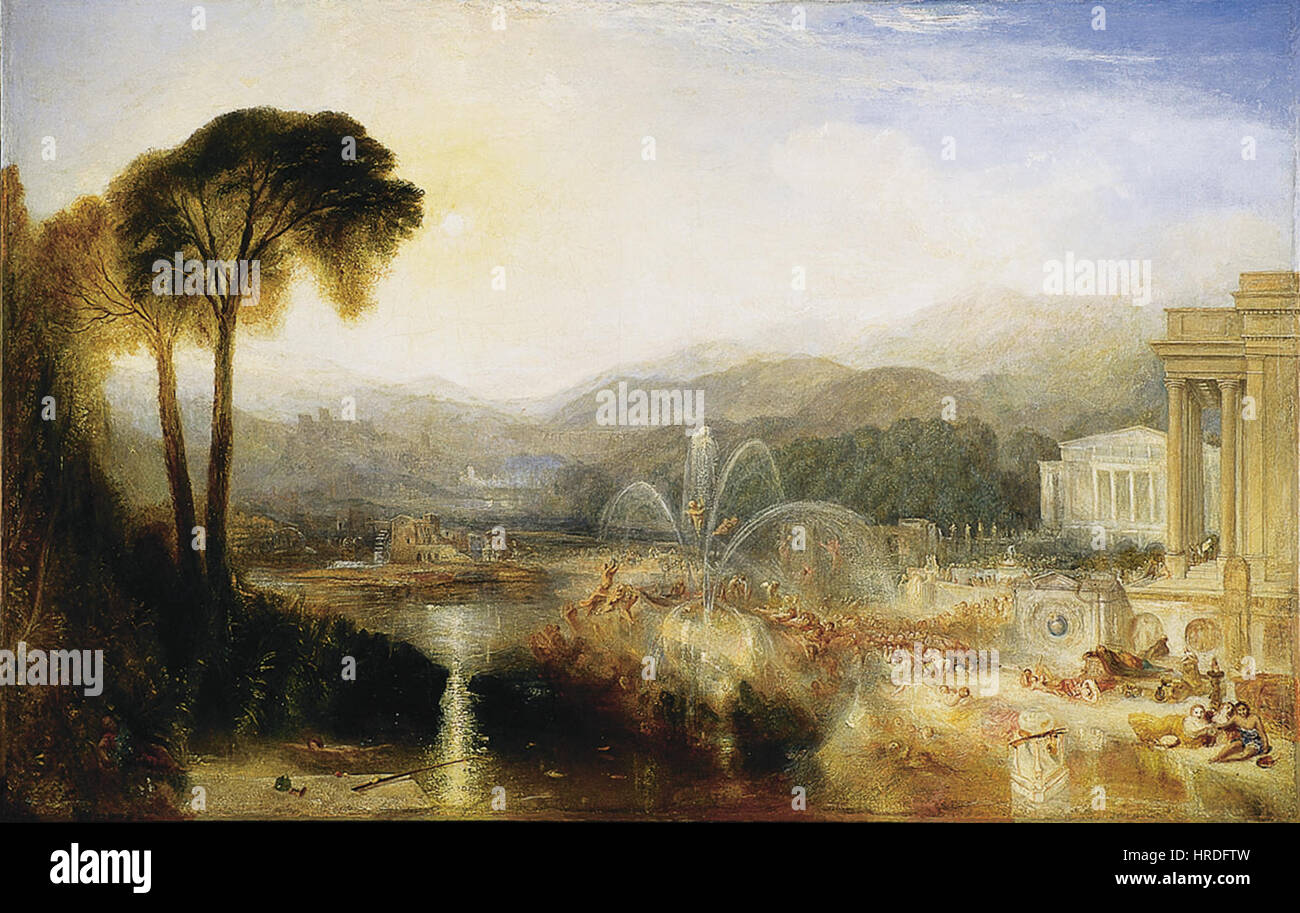 J. M. W. Turners „Brunnen der Trägheit“ fängt eine romantische, ruhige Szene eines Brunnens ein, umgeben von einer ruhigen Landschaft. Turners Werk ist bekannt für seine Beherrschung von Licht- und atmosphärischen Effekten und spiegelt sein Interesse an der Übertragung von Emotionen durch die Natur wider. Stockfoto