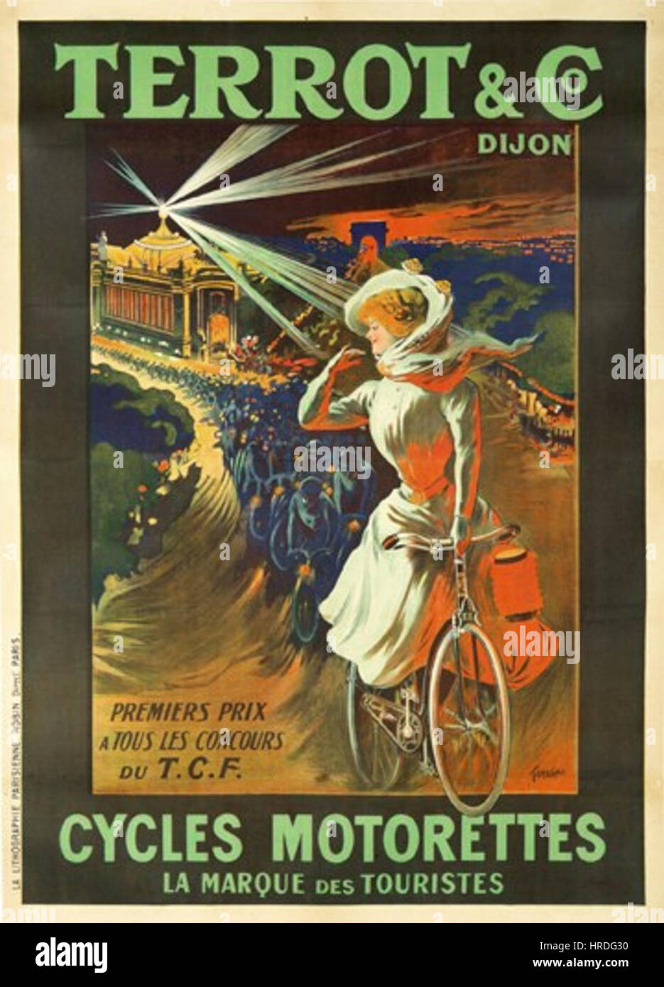 Ein Werbeplakat aus dem frühen 20. Jahrhundert für Cycles Terrot, ein französisches Fahrradunternehmen. Das Design spiegelt den künstlerischen Stil und die Werbestrategien der Ära wider und verwendet auffällige Grafiken, um die Kunden für die Marke zu gewinnen. Stockfoto