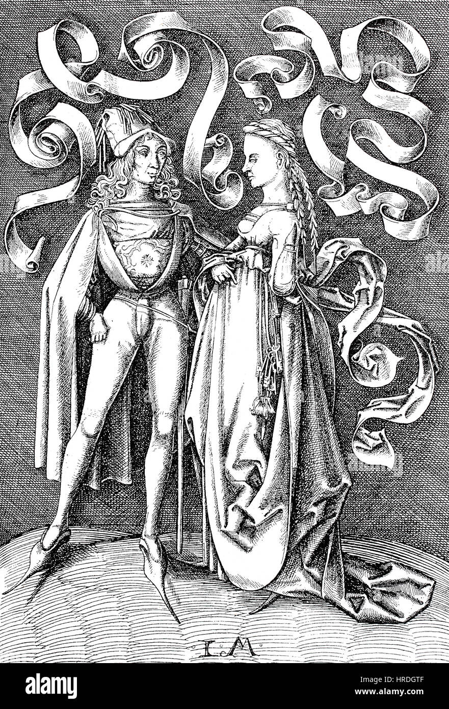 Paar niederdeutschen Kleid, Kostüm, aus der zweiten Hälfte des 15. Jahrhunderts, Faksimile der Kupferstich von Israhel van Meckenem, Reproduktion von einem Holzschnitt aus dem 19. Jahrhundert, 1885 Stockfoto