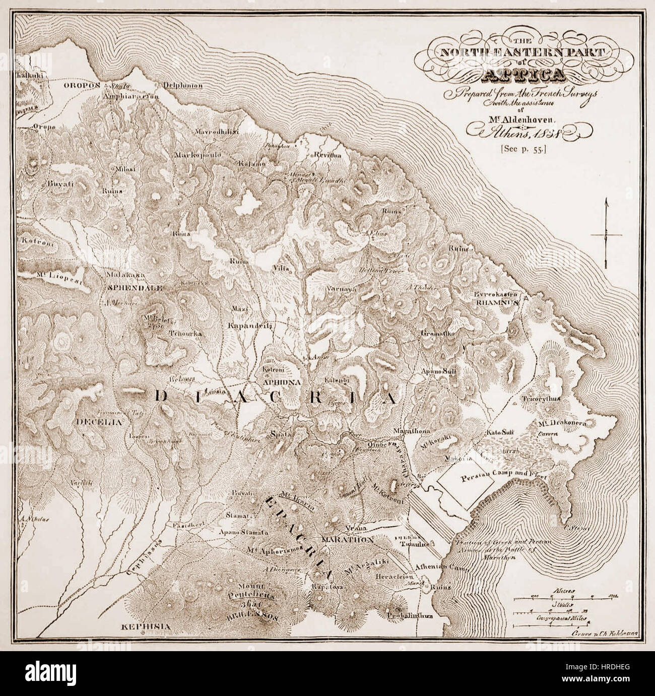 Attika Diacria Epacria Sphendale - Griechenland, Holz eingraviert Karte, 1838 Stockfoto